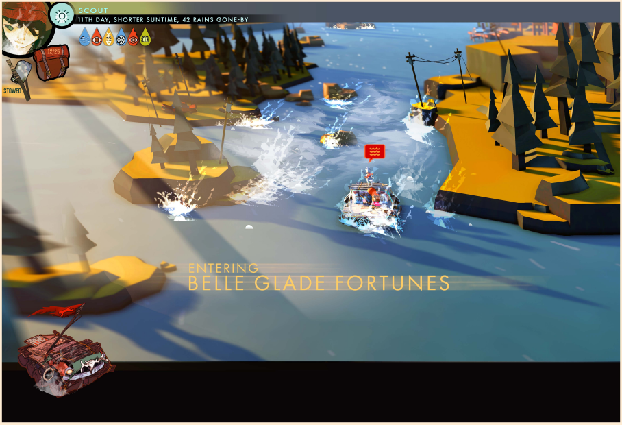An in game screenshot of the player entering belle glad fortunes and going down rapids.