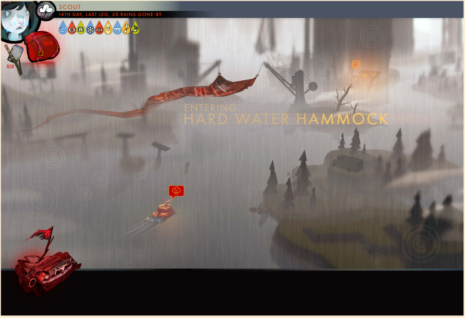An in game screenshot of the player entering hard water hammock and its a dreary.