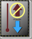 full red temperature gauge with a up and down arrow, the up arrow is crossed out.