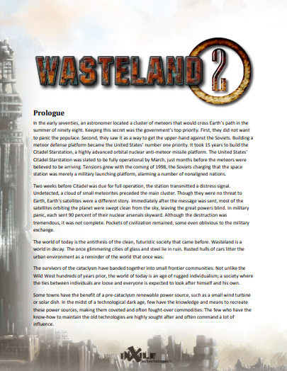 Pitch document for Wasteland 2