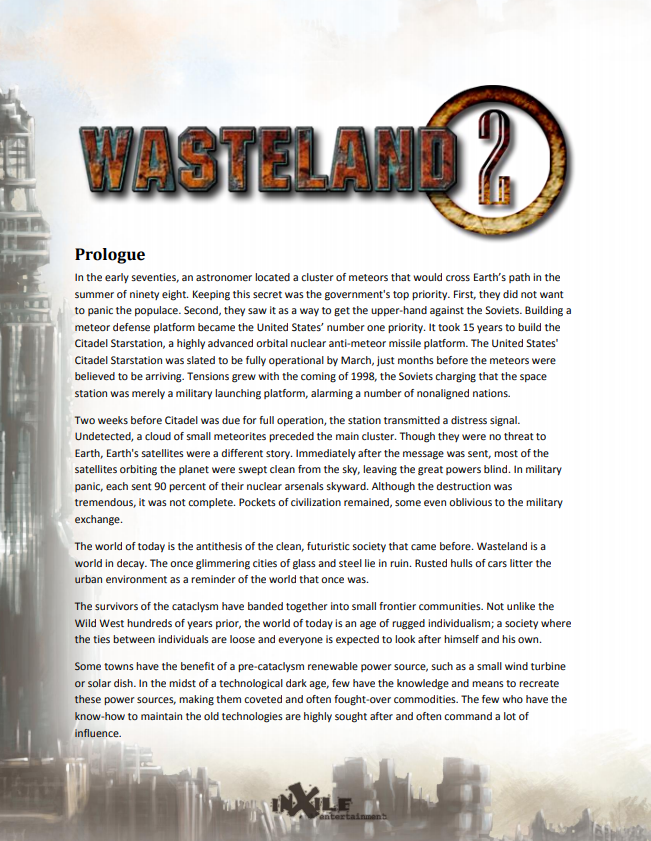 Front page of the wasteland 2 pitch doc